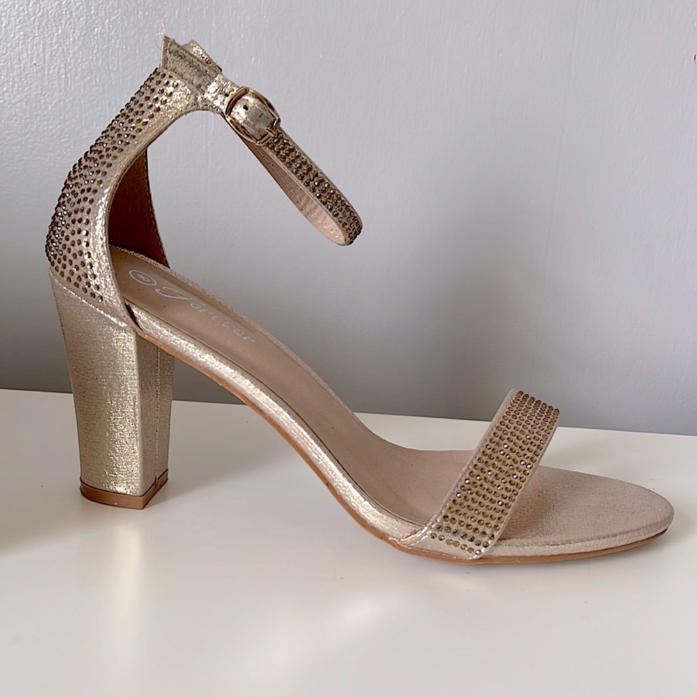 Glittery Gold Ankle Strap High Heels